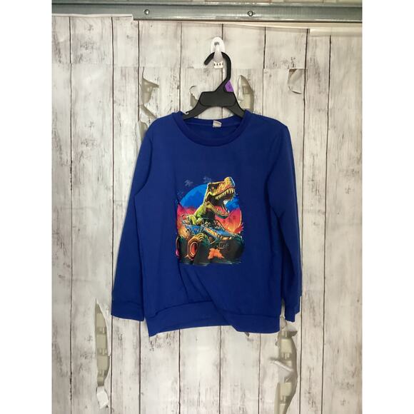Dinosaur Riding Monster Truck Present For Boys Kids Sweatshirt Blue Large - Picture 1 of 5